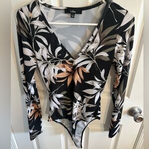 Lulus Black and Beige Floral Bodysuit